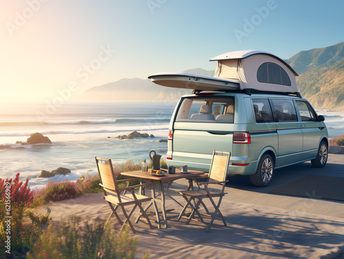 Obraz na plátně New white camper van with a rooftop tent in front of a beautiful seascape during sunset