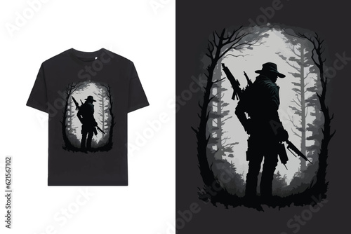 t-shirt design featuring a silhouette of a hunter in a stealthy position