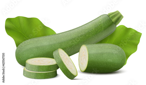 Marrow or zucchini with slices isolated on white background. Whole and chopped vegetable. Realistic 3d vector illustration. Clipping path and full depth of field.