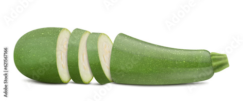 Fresh Italian zucchini or marrow and chopped slice isolated on white background. Realistic 3d vector illustration. Clipping path and full depth of field.