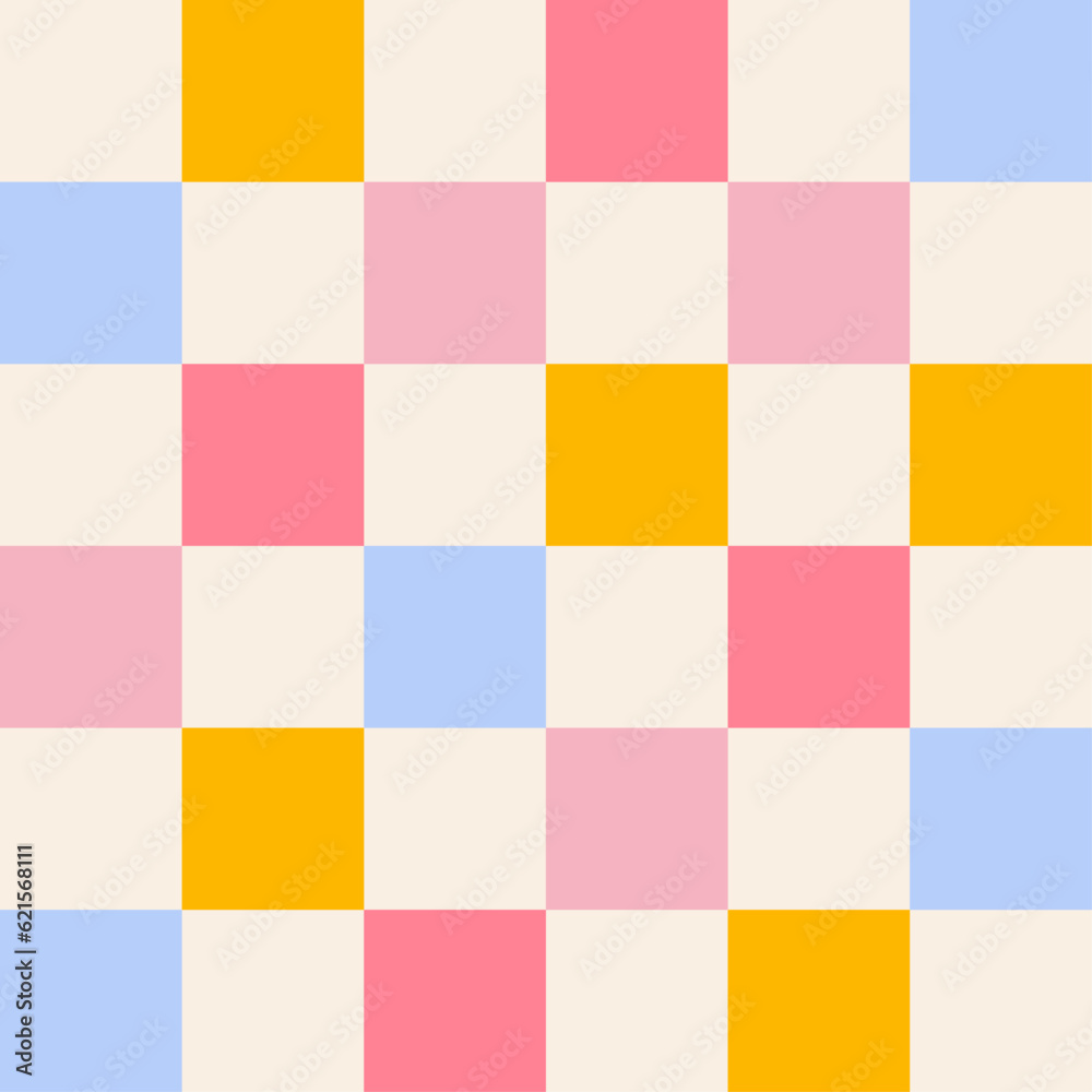 Checkerboard background. Geometric pastel square texture in vintage style. Plaid pattern background. Groovy hippie chessboard pattern.