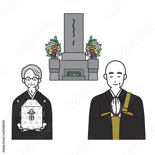 四十九日の法要　喪主と僧侶とお墓のシンプルなイラスト
