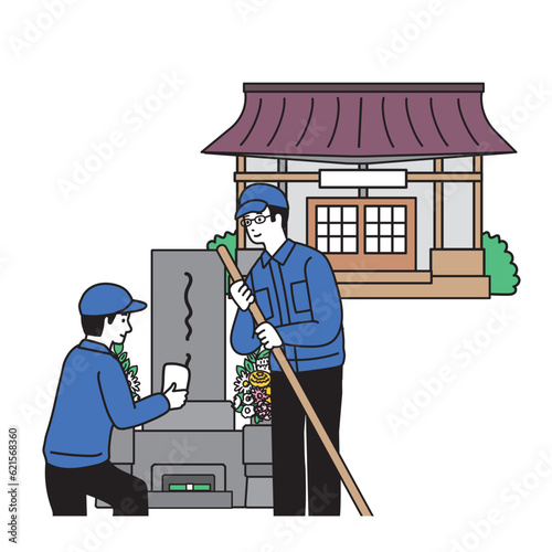 墓仕舞い　お墓の掃除をする業者のイラスト

