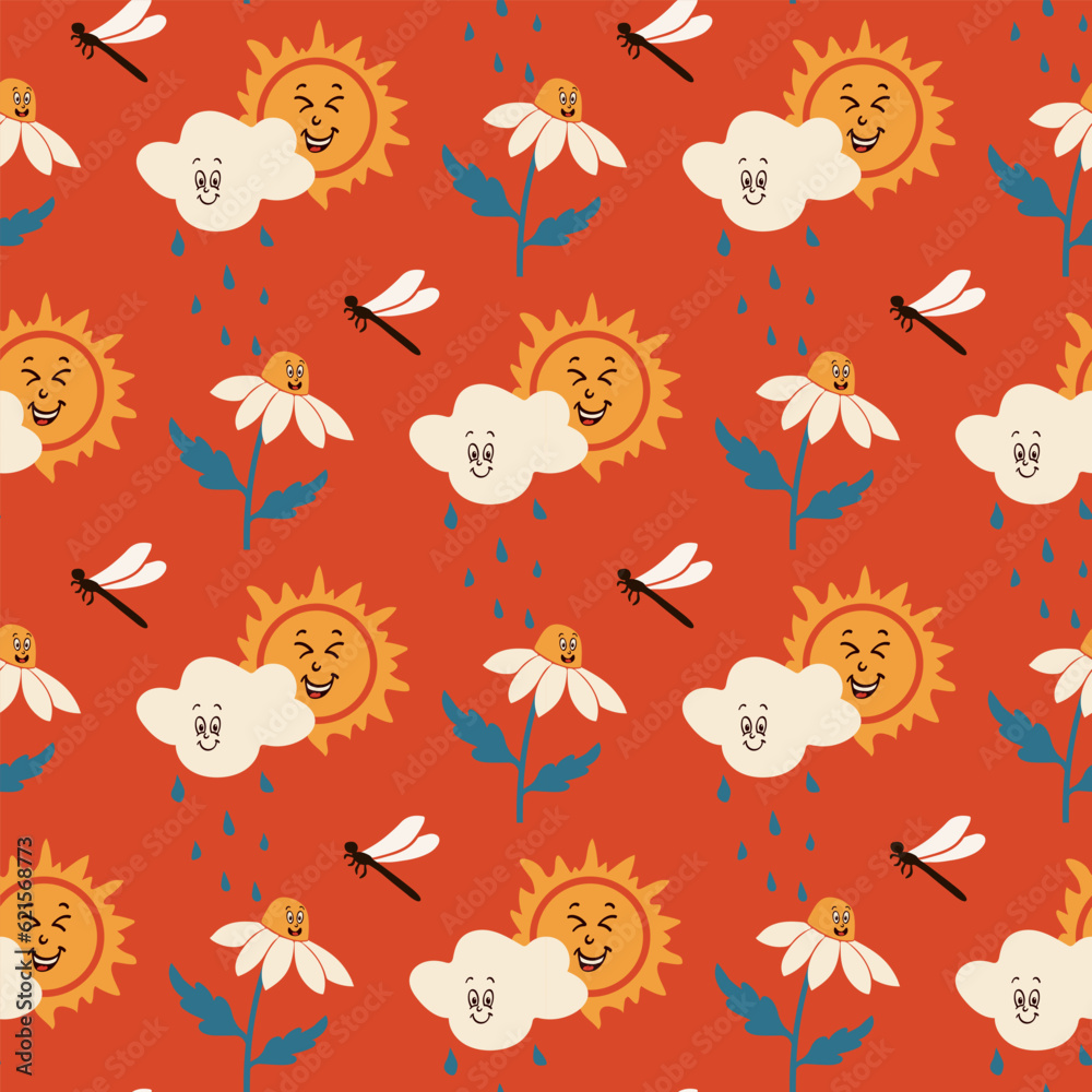 Vintage pattern for kids with cartoon characters. Vector groovy characters sun, clouds with drops, dragonflyfly and daisy on red background. Perfect for decoration, background, kids textile, wrapping