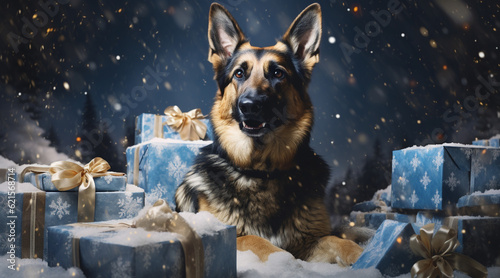 german shepherd dog in the snow with christmas packages generativa IA