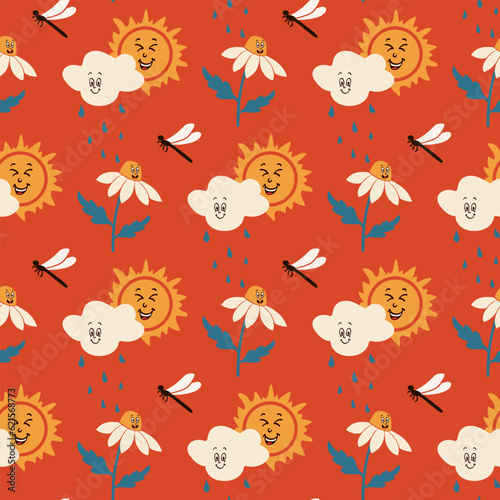 Vintage pattern for kids with cartoon characters. Vector groovy characters sun  clouds with drops  dragonflyfly and daisy on red background. Perfect for decoration  background  kids textile  wrapping