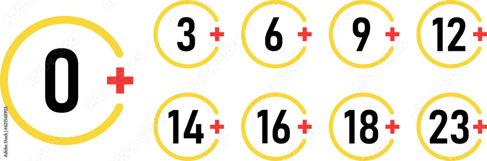 Yellow Age limit sign set ilustration. Adults content only age restriction 0, 3, 6, 12, 14, 16, 18, 21 plus years old icons collection. Censure warning age red plus Yellow Age limit sign set ilustration. Adults content only age restriction 0, 3, 6, 12, 14, 16, 18, 21 plus years old icons collection. Censure warning age red plus