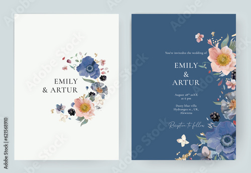 Elegant wedding invite save the date card set. Pastel watercolor style flower...