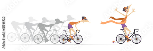 Illustration of cycling race. 
Cyclists in competition. Winner. Cyclist finishing with a winner ribbon 
