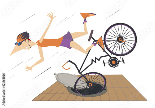 Cyclist falling down from the bicycle. Cyclist man gets into a sewer manhole and falls down from the bicycle 