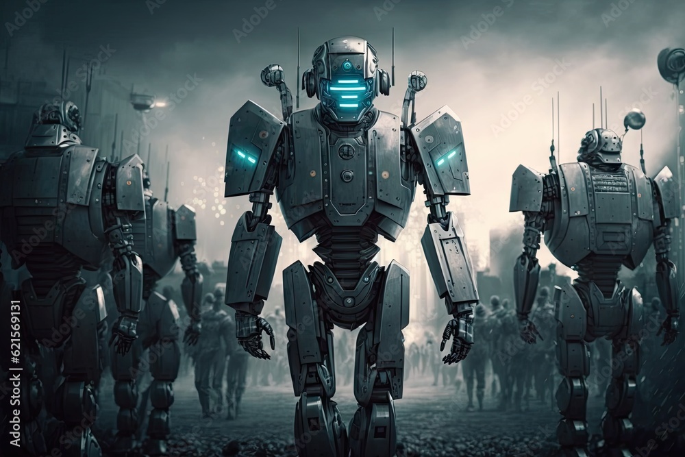 Futuristic robot standing in the middle of the crowd