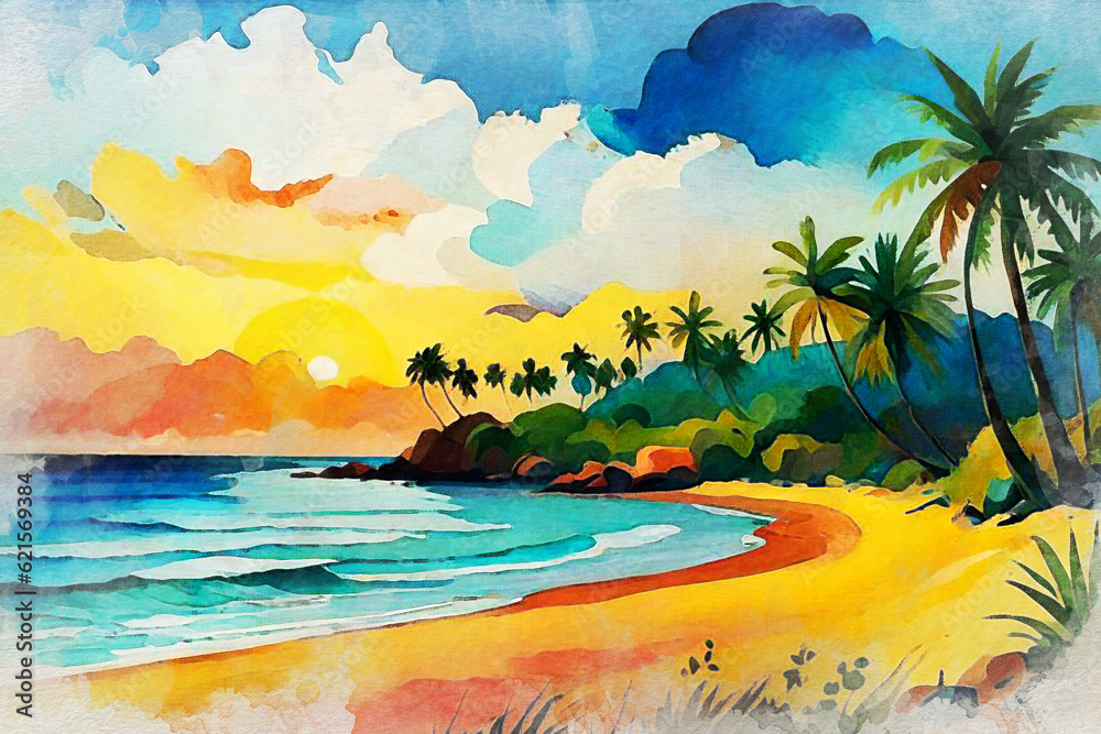 summer watercolor illustration of beach landscape