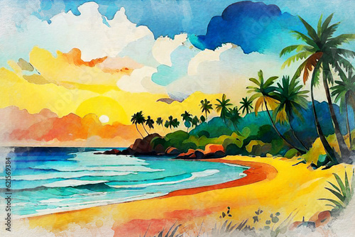 summer watercolor illustration of beach landscape © Ekaterina