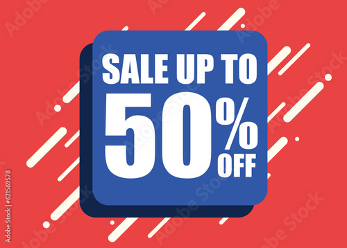 SALE UP TO 50 PERCENT OFFER, red, blue, white square sign