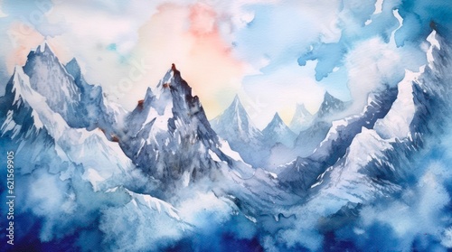 Winter landscape with snow covered mountains in watercolor style. Generative AI.