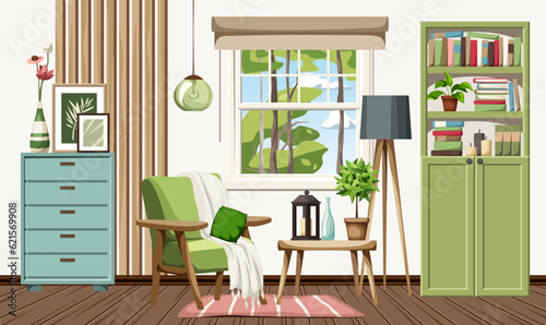 Living room interior design with a green armchair, a green bookcase, a blue dresser, and wooden slats on the wall. Cozy room interior design. Cartoon vector illustration