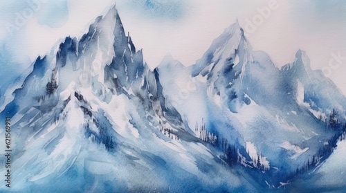 Winter landscape with snow covered mountains in watercolor style. Generative AI.