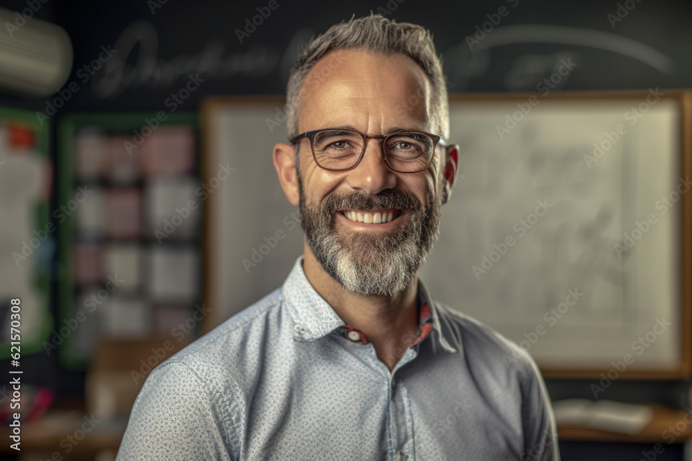 Fototapeta premium smiling male teacher in front of the whiteboard with Generative AI