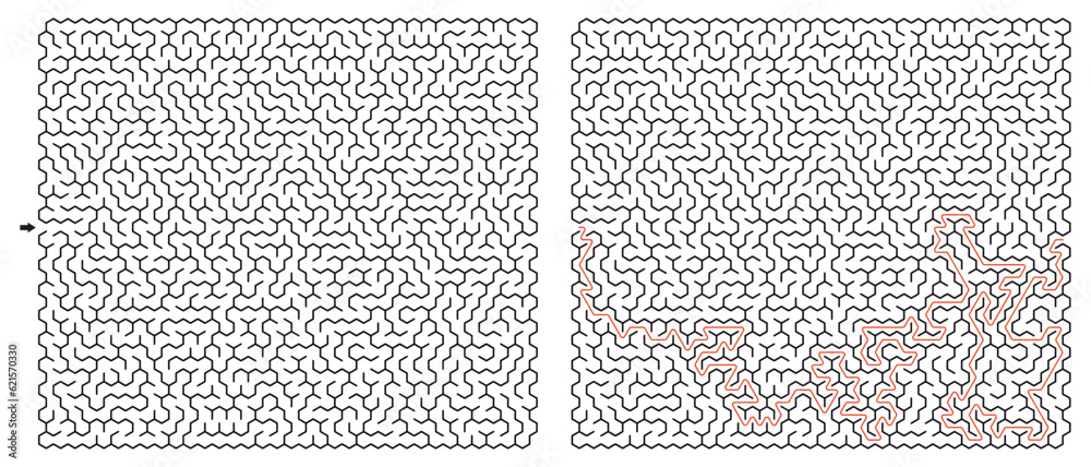 Labyrinth vector graphic. Hexagon (honeycomb) shape, complex maze (labyrinth) game illustration.