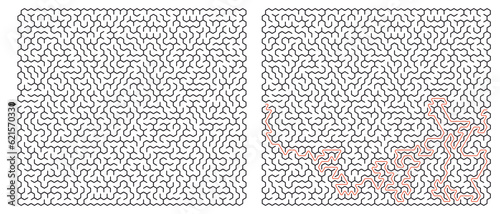 Labyrinth vector graphic. Hexagon (honeycomb) shape, complex maze (labyrinth) game illustration.