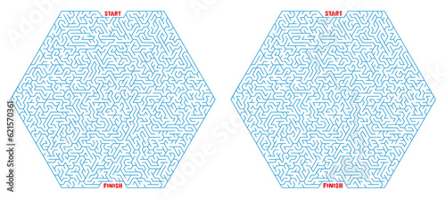 A hexagonal maze with solution.  Color labyrinth with the answer. An interesting game for children and teenagers. Simple flat vector illustration isolated on white background. photo