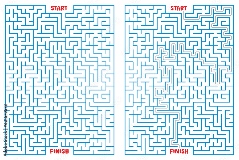 Obraz premium Rectangular color labyrinth with the answer. An interesting game for children and teenagers. Simple flat vector illustration isolated on white background.