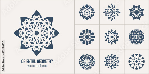 Arabic circular geometric symbols set. Vector monochrome mosaic oriental ornamental emblems