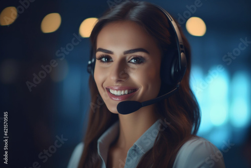 smiling female call center operator working in an office with Generative AI