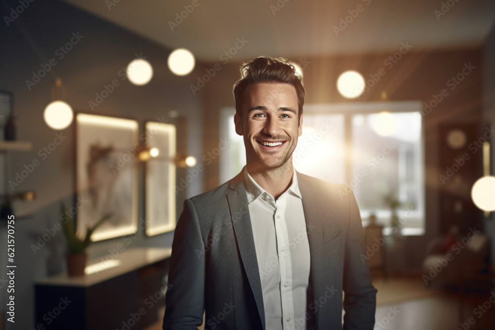 smiling male Real Estate Agent in a suit stands in new home with Generative AI smiling male Real Estate Agent in a suit stands in new home with Generative AI