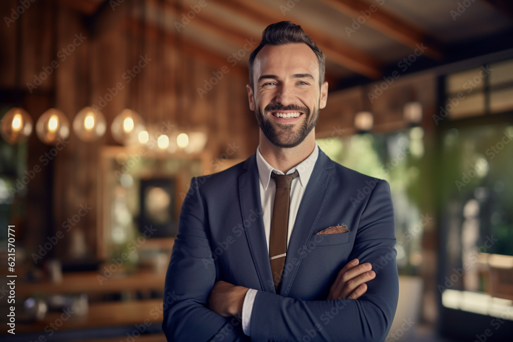 smiling male Real Estate Agent in a suit stands in new home with Generative AI smiling male Real Estate Agent in a suit stands in new home with Generative AI