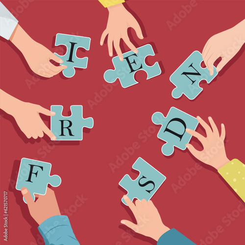 Vector illustration in a flat style, hands holding puzzles with the word Friends. Banner for International Friendship Day.
