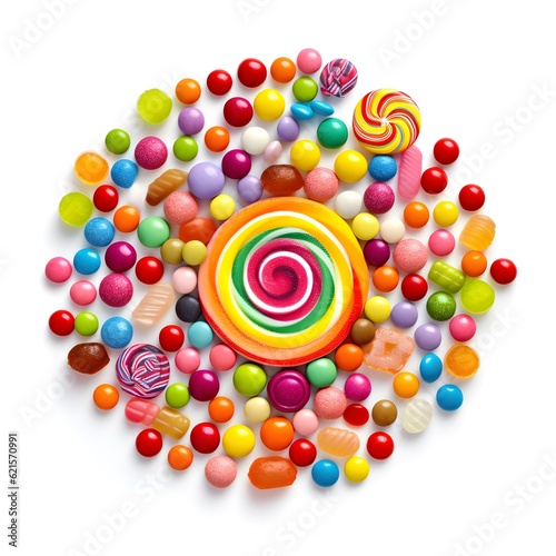 Arranged Colorful Candies, Fun Creative Wallpaper Generated AI, Sweets on White Empty Background, Isolated 