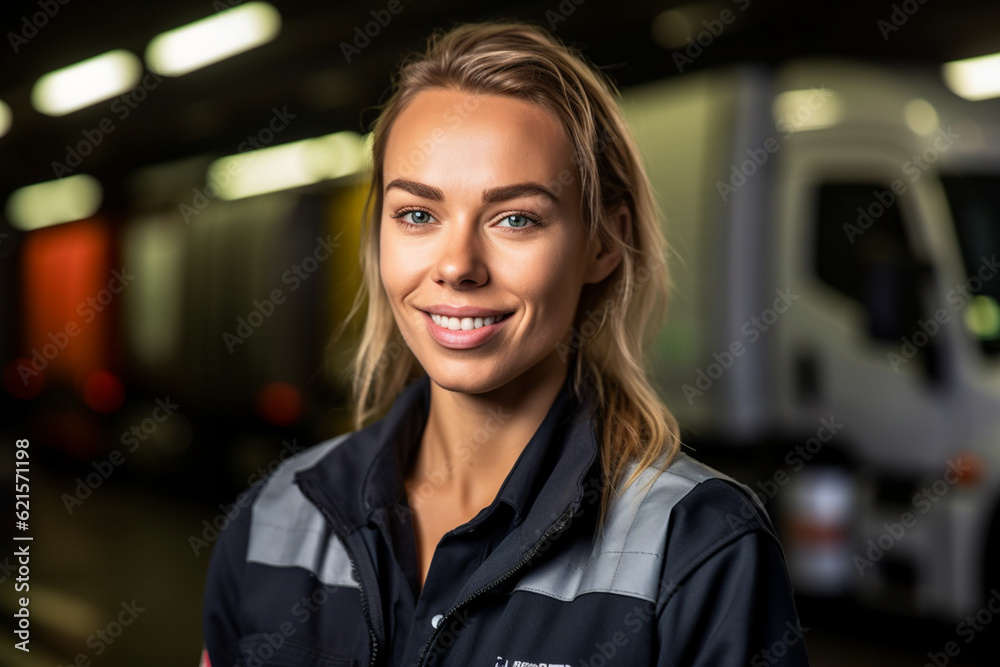 a smiling female truck driver standing in front of her truck with Generative AI a smiling female truck driver standing in front of her truck with Generative AI