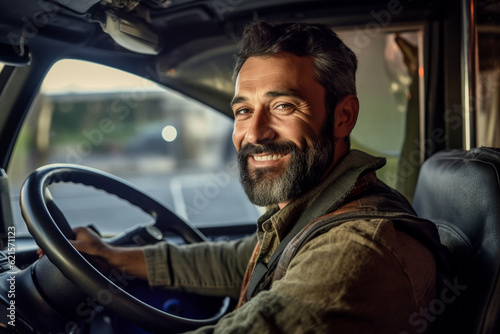 a smiling male truck driver at the wheel of a truck with Generative AI © toonsteb