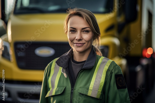 a smiling female truck driver standing in front of her truck with Generative AI