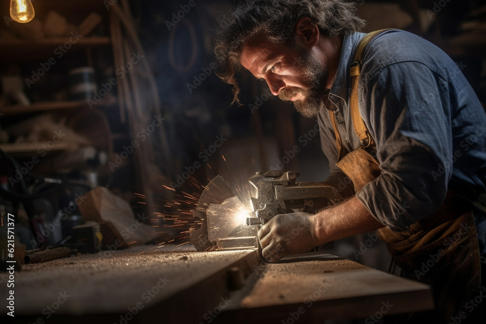 carpenter using a saw on wood in the workshop with Generative AI carpenter using a saw on wood in the workshop with Generative AI