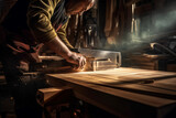 carpenter using a saw on wood in the workshop with Generative AI