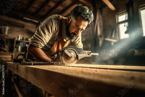 carpenter using a saw on wood in the workshop with Generative AI