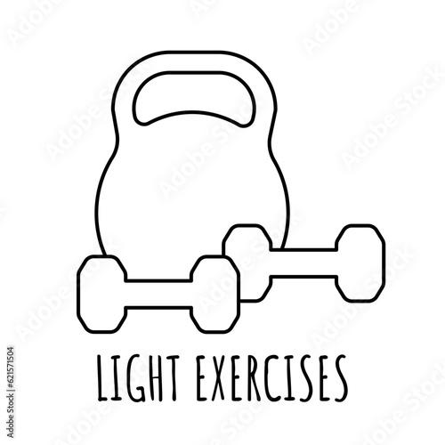 Vector linear icon with the inscription light exercises, isolated on a white background. Sports activities. Illustration with weights and dumbbells. Symbol for the Internet and mobile devices