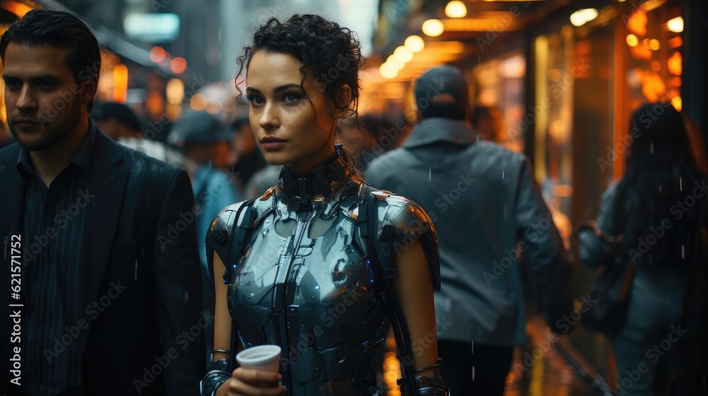 Futuristic shot, android woman walking among humans in a busy city street. Generative AI