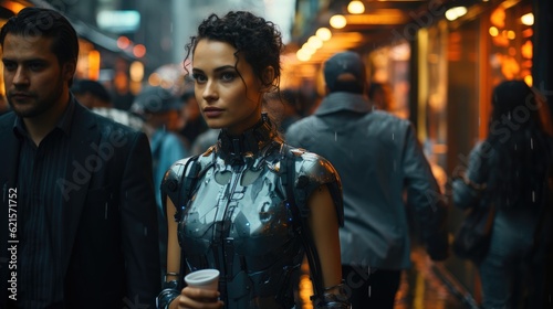 Futuristic shot, android woman walking among humans in a busy city street. Generative AI
