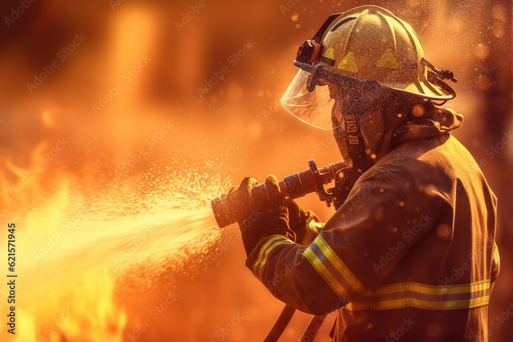 firefighter spraying hose on the fire at fire with Generative AI