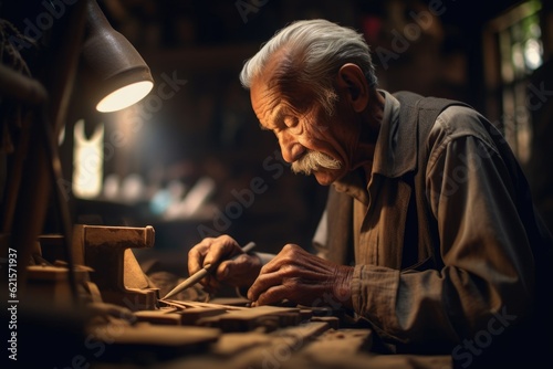 In a bustling workshop, a craftsman meticulously shapes a piece of wood. Generative AI