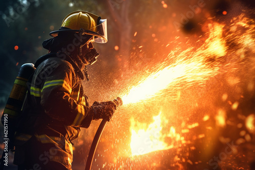 firefighter spraying hose on the fire at fire with Generative AI © toonsteb
