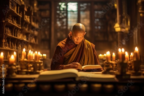 In a quiet, secluded monastery, a monk engrossed in ancient texts under the soft glow of the candles. Generative AI