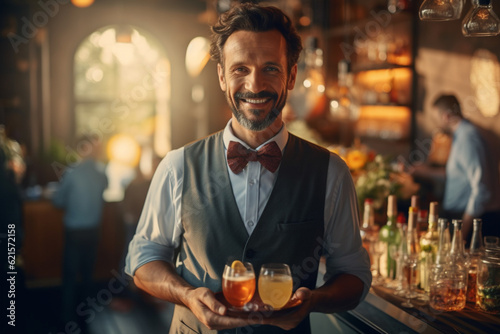 a happy male waiter holding tray with a cocktail with Generative AI