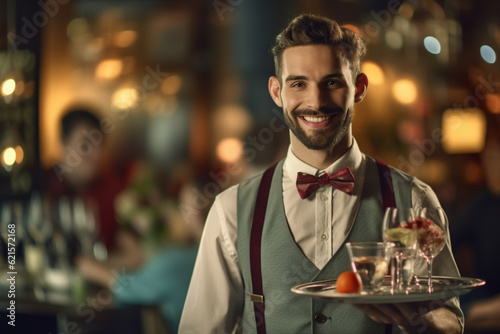 a happy male waiter holding tray with a cocktail with Generative AI