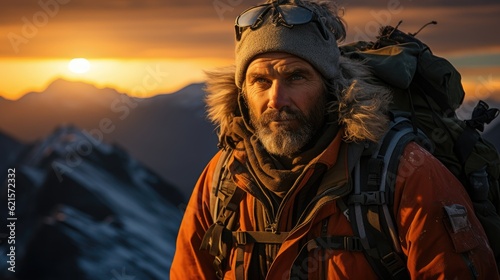 Photo of mountaineer at sunrise in front of wide-angle mountain landscape. Generative AI
