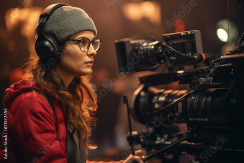 female video director speaks on the set of a movie production with Generative AI