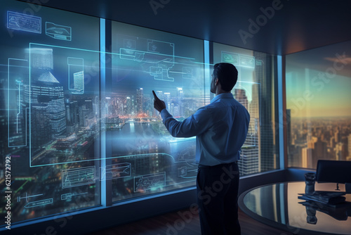 businessman presenting business plans in digital boardroom with Generative AI